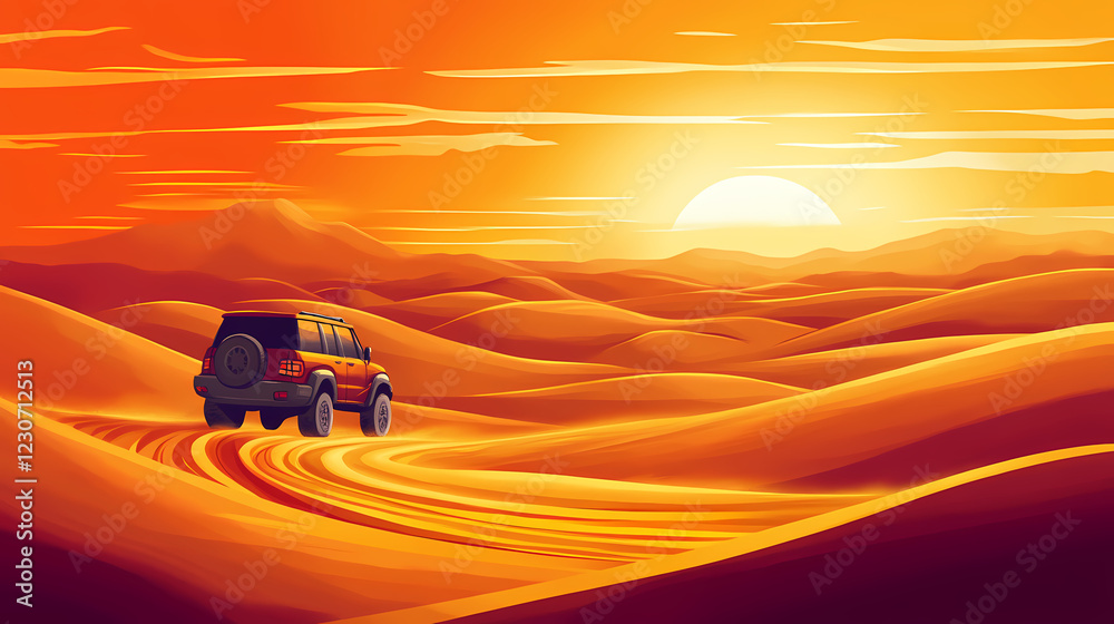 Waves meet golden sands in a stunning desert landscape at sunset showcasing a vehicle on a winding path. Desert Shores. Illustration Waves meet golden sands in a stunning desert landscape at sunset showcasing a vehicle on a winding path. Desert Shores. Illustration