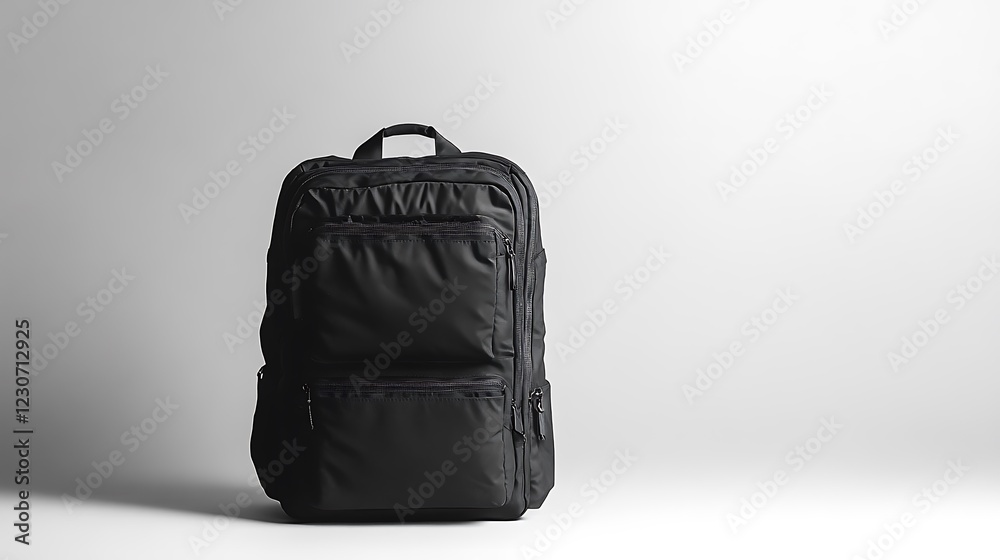 Fototapeta premium Black backpack on white surface, for storage or travel