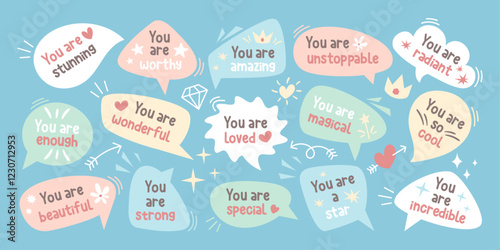Set of speech bubbles with positive affirmations and self love quotes, cute hand-drawn style