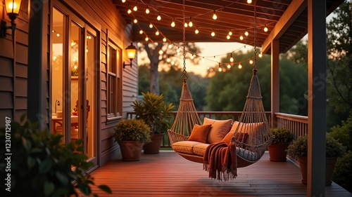 Cozy porch with a swinging hammock and warm string lights, inviting relaxation at sunset, tranquil home retreat concept. Vacation and travel advertising