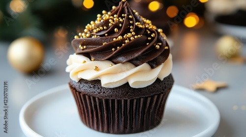 A mouthwatering chocolate cupcake topped with rich frosting and golden sprinkles, presenting a perfect blend of luxury and sweetness ideal for dessert lovers and festive occasions. photo