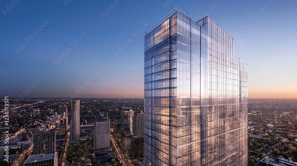 Fototapeta premium Modern glass skyscraper at sunset over city.