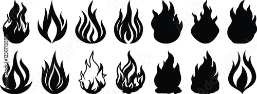 Fire silhouettes set, flame pack of vector silhouette design, isolated background