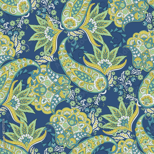 Paisley vector seamless design featuring stunning flowers and leaves in a batik-inspired style. Vintage backdrop