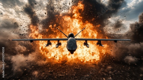 An eye-catching depiction of a military drone in an explosive scenario, emphasizing the dramatic impact and complexities of modern aerial warfare.