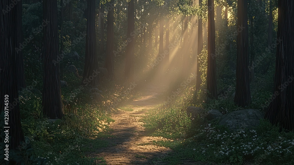 Fototapeta premium Sunbeams illuminate a misty forest path. (1)