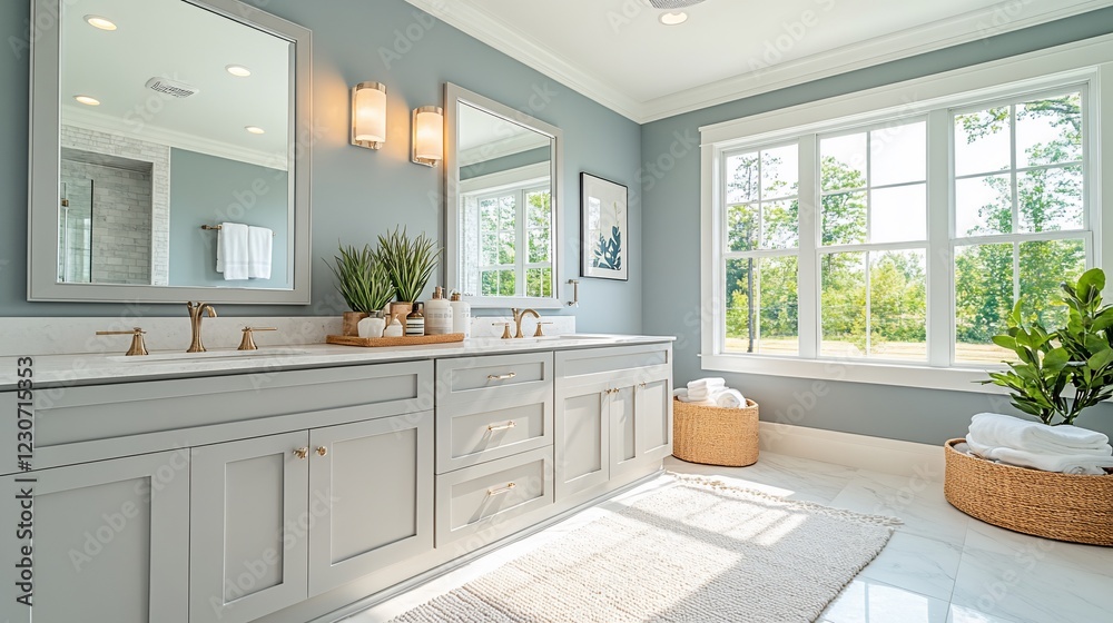 custom made wallpaper toronto digitalModern bathroom interior featuring dual sinks, mirrors, and natural light from windows