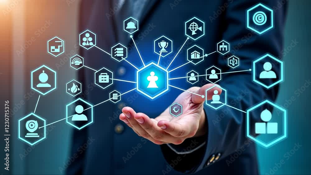 Social connection concept. Man in a suit holding a set of holographic icons and pictograms object in his hand. Concept of professionalism and importance, man is dressed in a suit and tie Social connection concept. Man in a suit holding a set of holographic icons and pictograms object in his hand. Concept of professionalism and importance, man is dressed in a suit and tie