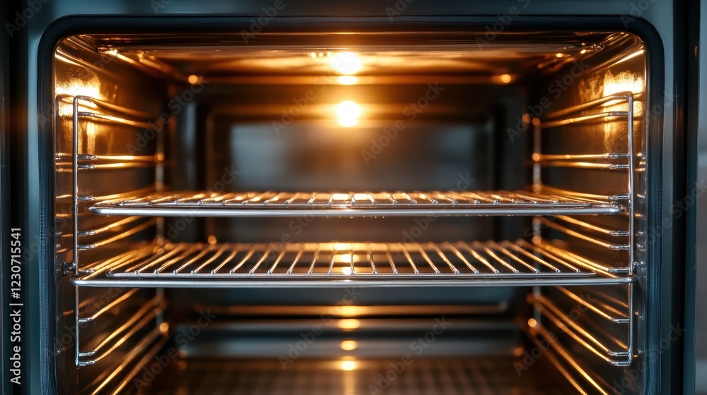 This image showcases an empty oven illuminated by a warm light, emphasizing its sleek design and highlighting the clean lines of the oven's interior. This image showcases an empty oven illuminated by a warm light, emphasizing its sleek design and highlighting the clean lines of the oven's interior.