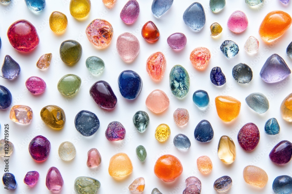 Fototapeta premium Collection of colorful, translucent tumbled stones arranged on a white background.