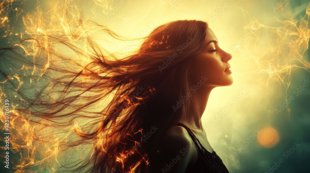 Woman with fiery hair, serene profile, ethereal glow. Woman with fiery hair, serene profile, ethereal glow.