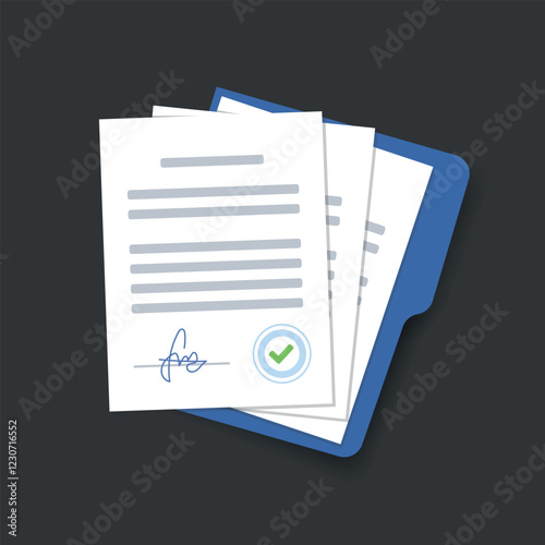 Document. Contract papers. Paper documents. Folder with stamp and text. Vector illustration of stack of contract documents, flat cartoon package documents with signature and approval stamp
