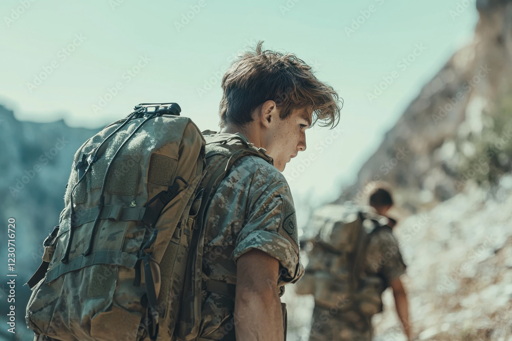 Hiker with a large backpack trekking through rugged terrain towards distant mountains. Hiker with a large backpack trekking through rugged terrain towards distant mountains.