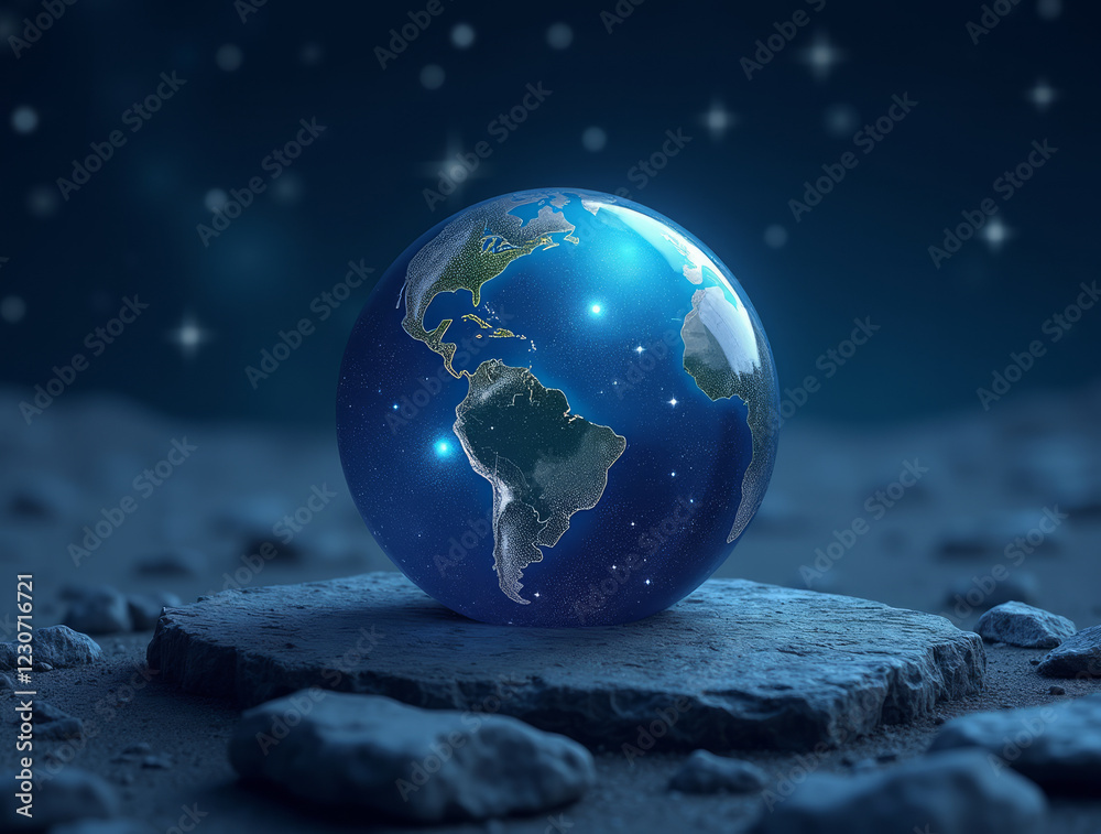 Glass Globe on a Flat Rock Under a Starlit Night Sky with Constellations Glass Globe on a Flat Rock Under a Starlit Night Sky with Constellations