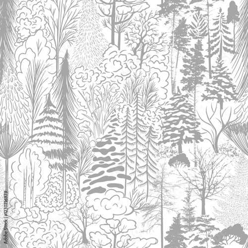 Monochrome seamless background mixed forest. pattern botanical illustration. hand drawing. Not AI Vector illustration