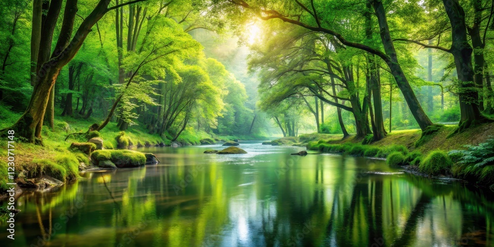 Obraz premium Tranquil forest landscape with lush greenery and a serene river flowing through the heart of nature , natural scenery, woodland ambiance