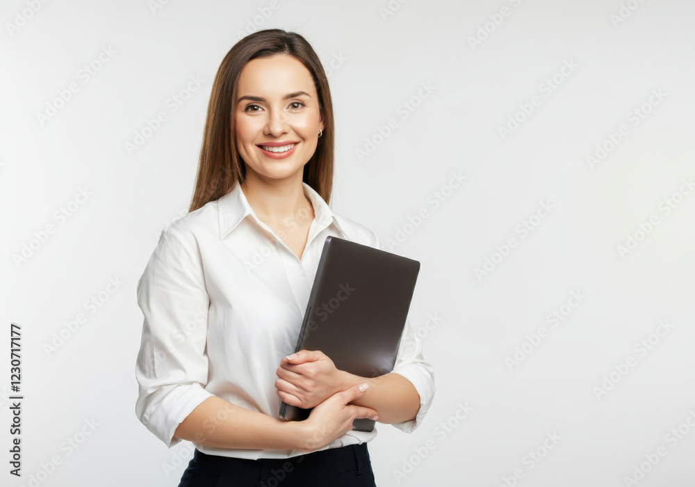 A cheerful woman in a white blouse holding a laptop, standing against a white background A cheerful woman in a white blouse holding a laptop, standing against a white background