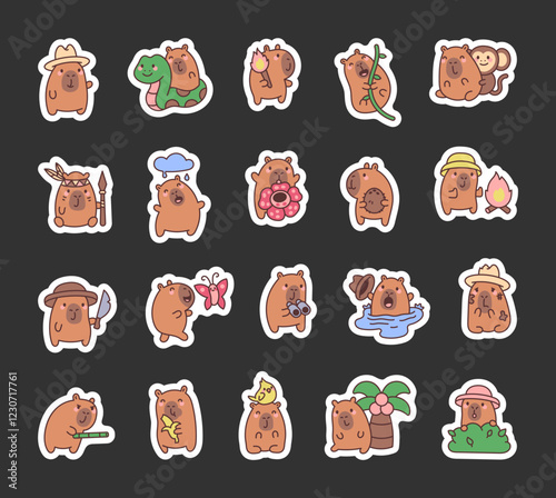 Adorable set of capybara characters exploring jungle life with charming expressions, engaging adventures, funny poses, and creative elements in a delightful kawaii cartoon illustration style