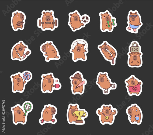 Capybara sport set showing adorable cartoon animals doing different activities like running, swimming, skating, jumping, lifting weights, and winning trophies and medals