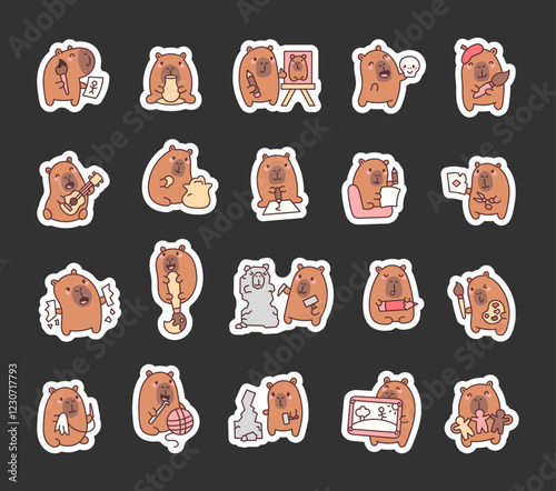Adorable capybara set of cute kawaii cartoon characters showing various activities with tools, emotions, and creative poses like painting, knitting, sculpting, and playing music