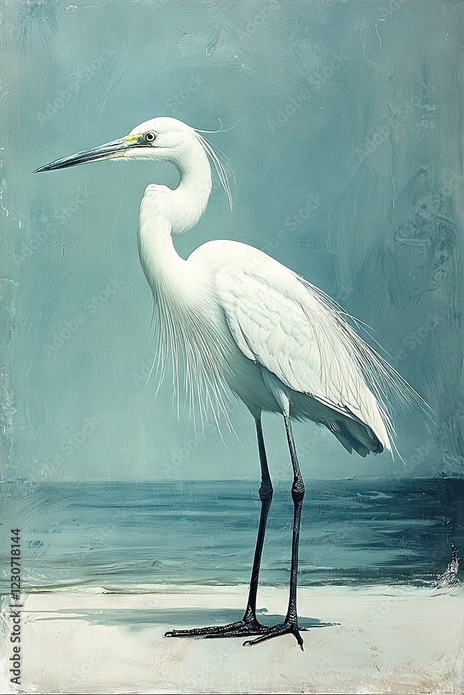 Naklejka premium A white bird with a long neck stands on a beach in front of a body of water in a painting