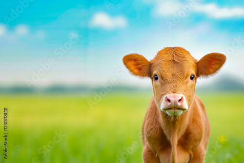 A small brown cow standing in a green field