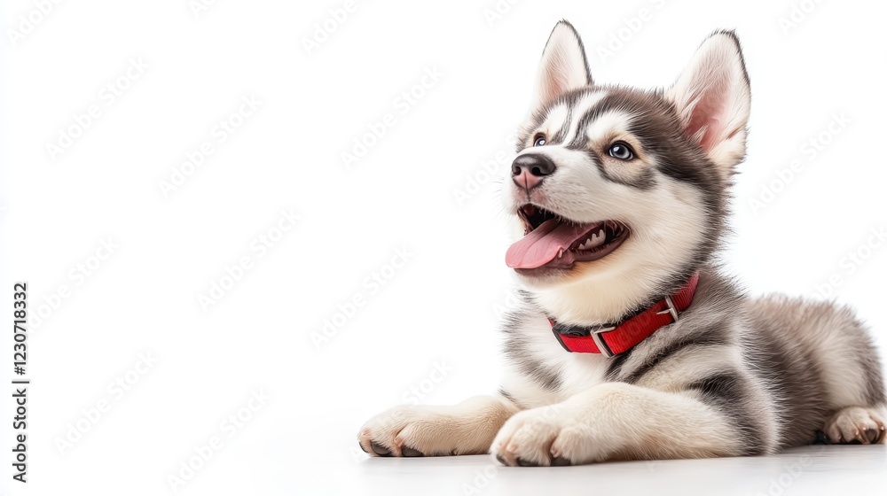 A relaxed husky puppy laying on a white surface with its tongue out and a bright red collar, embodying a playful and friendly spirit in a minimalist setting. A relaxed husky puppy laying on a white surface with its tongue out and a bright red collar, embodying a playful and friendly spirit in a minimalist setting.