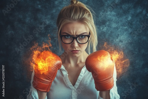 Fierce young woman in boxing gloves with flames ready for a challenge in a dramatic setting