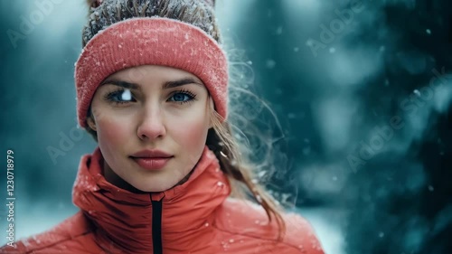 Winter journey: woman walking through snowy forest in vibrant attire