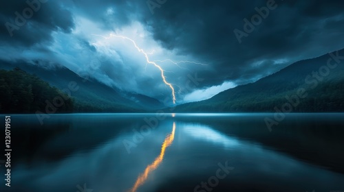 This striking image captures a thunderstorm brewing over a mist-covered lake, with powerful lightning illuminating the atmosphere and creating an intense, dramatic scene. photo