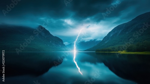 A mesmerizing image featuring bright lightning arcing over a picturesque lake surrounded by mountains, showcasing nature's raw beauty and energy during a stormy moment. photo