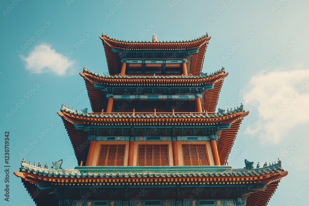 Exquisite traditional pagoda with vibrant colors under a clear blue sky during midday Exquisite traditional pagoda with vibrant colors under a clear blue sky during midday