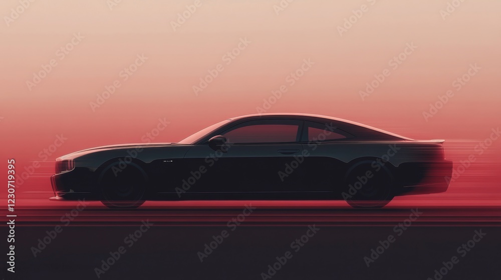 Naklejka premium Sleek black sports coupe driving fast at sunset.