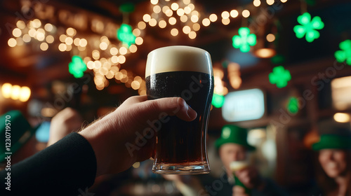 A hand raises a pint of dark beer with a frothy head in a lively Irish pub decorated with glowing shamrocks and festive lights, celebrating St. Patrick's Day with friends wearing green hats.