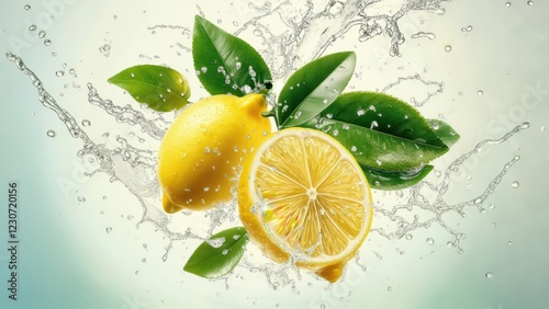 Fresh lemons splash through water while surrounded by vibrant green leaves