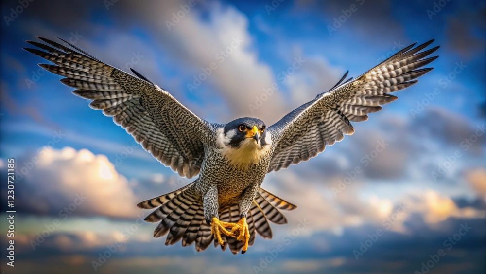 Fototapeta premium A majestic peregrine falcon soars through the sky in a powerful arc of flight, its wings outstretched and feathers ruffled by wind currents , close-up, peregrine falcon