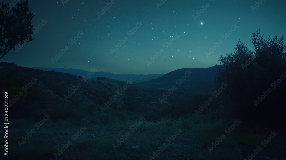 Naklejka premium Starry night over a tranquil mountain valley.