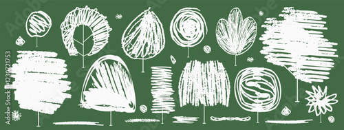 Tree and shrub silhouette simple vector illustration, chalk and crayon texture. Flat strokes abstract design, scribble, chalkboard effect, graphic, hand-drawn nature scene with scratch-like details