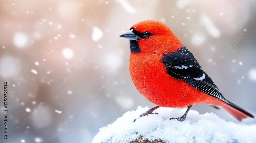 A striking red cardinal perched on a snowy surface while snowflakes fall around, showcasing the beauty and resilience of nature in a wintery landscape. A striking red cardinal perched on a snowy surface while snowflakes fall around, showcasing the beauty and resilience of nature in a wintery landscape.
