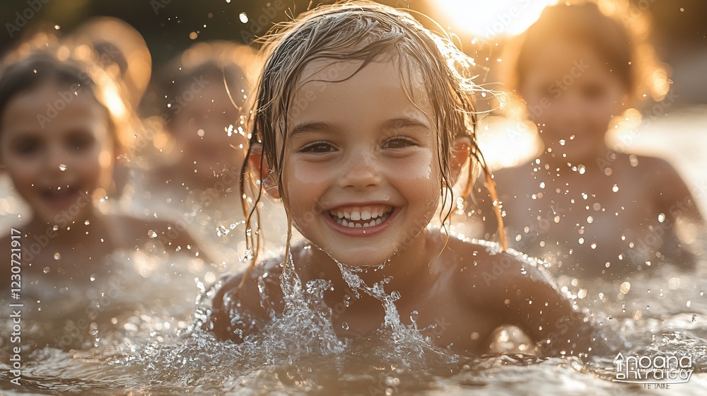 Obraz premium Joyful children swimming and splashing in a sunlit lake during summer, creating memories