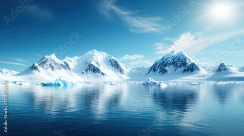 Sunlit peaks embrace a serene waterscape, revealing a scene of breathtaking beauty and peacefulness that invites reflection and exploration of nature's wonders.
