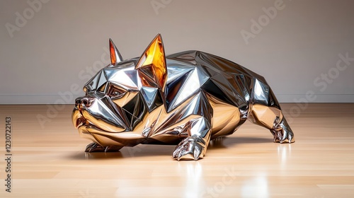 This stunning sculpture of a French Bulldog showcases geometric shapes and a reflective metallic finish, blending artistry with modern design for a captivating visual experience. photo