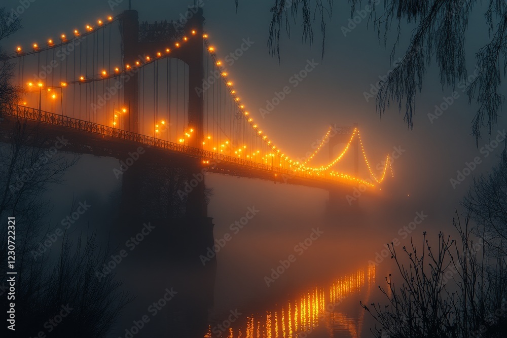 Fototapeta premium Fog envelops illuminated bridge at dawn, creating a mystic atmosphere along the river