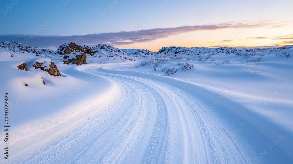 A snowy road curves gracefully through a winter wonderland, with the warm colors of a sunset painting the sky, inviting exploration and wanderlust. A snowy road curves gracefully through a winter wonderland, with the warm colors of a sunset painting the sky, inviting exploration and wanderlust.