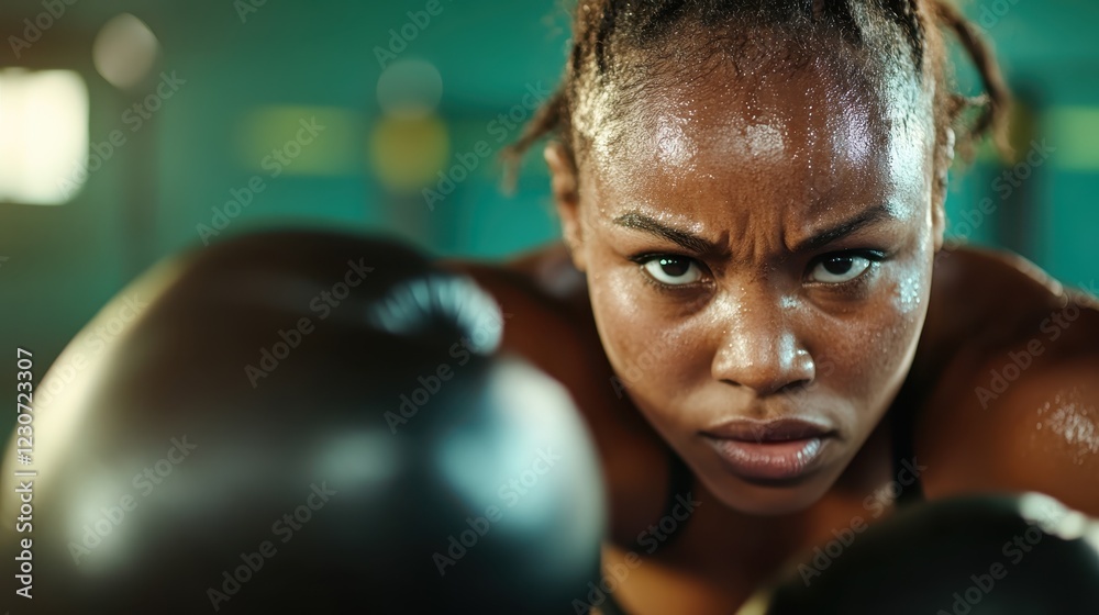 An intense portrait of a boxer reveals her fierce determination in the ring, capturing the powerful emotions and strength through the intricate details of her focused expression. An intense portrait of a boxer reveals her fierce determination in the ring, capturing the powerful emotions and strength through the intricate details of her focused expression.