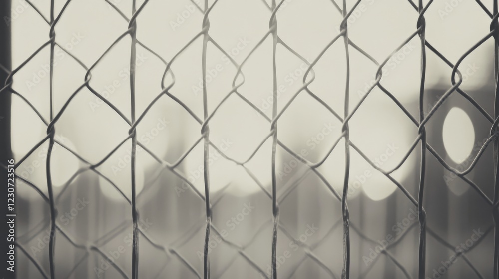 Fototapeta premium Close-up of a chain-link fence with blurred city background.