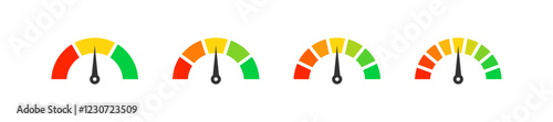Speedometer icon. Tachometer indicator. Dashboard scale. Meter measure. Power gauge.