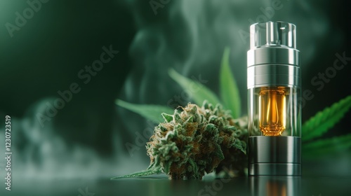 This image showcases a vaporizer next to a detailed cannabis bud, set against a blurred green background evoking a natural and calming atmosphere.
