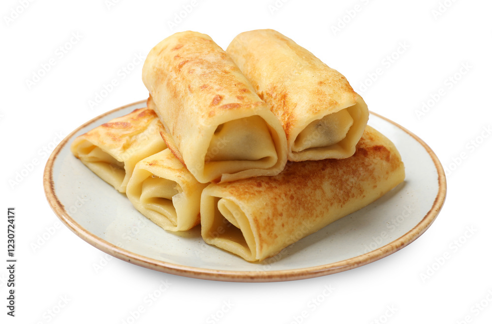 Many delicious rolled crepes isolated on white Many delicious rolled crepes isolated on white