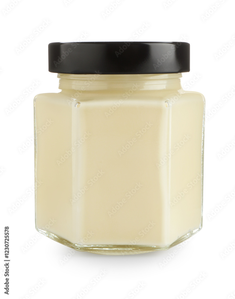 Delicious mayonnaise in jar isolated on white Delicious mayonnaise in jar isolated on white